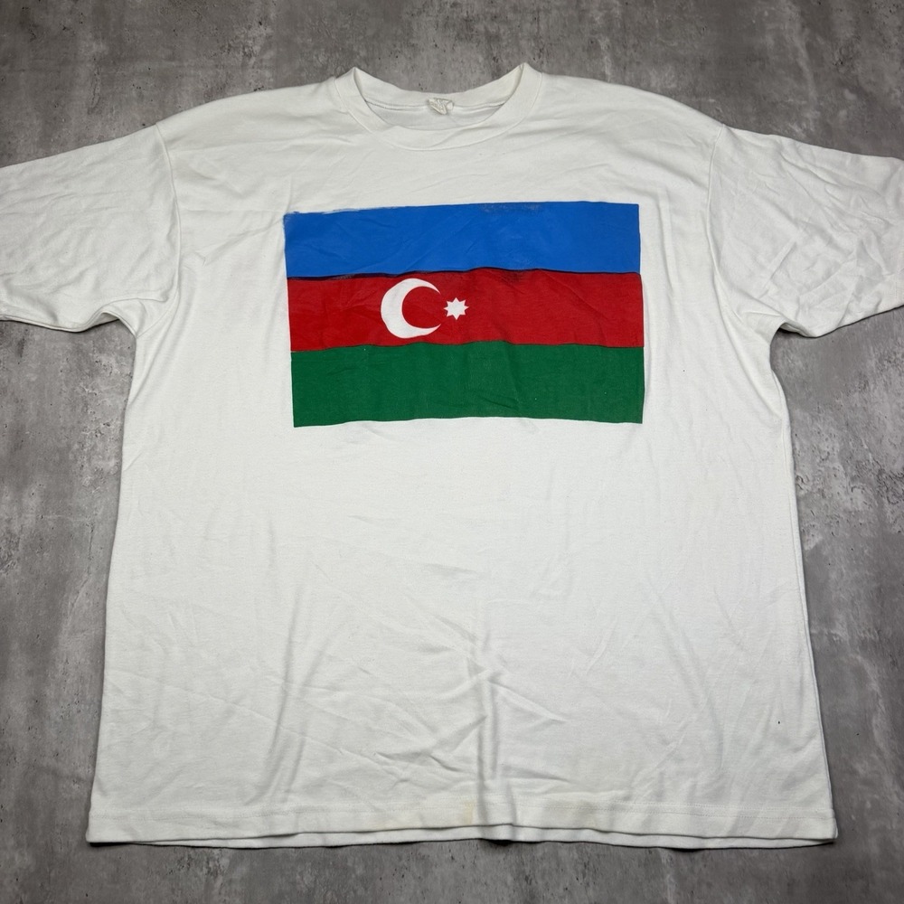 Vintage Flag of Azerbaijan White T-Shirt Size XL Success Made In USA Two Sided